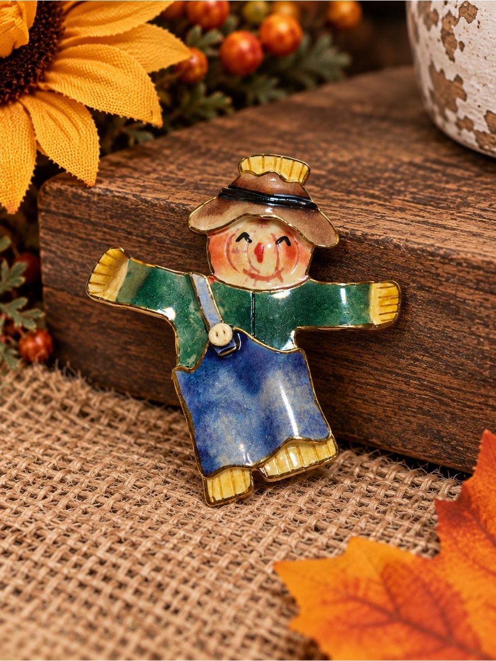 Whimsical Scarecrow Ceramic Brooch Colorful Fall Harvest Statement Pin